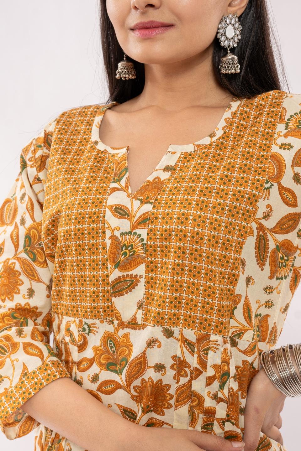Ekisha's women cotton printed mustard multicolor kurta and pant set - Ekisha
