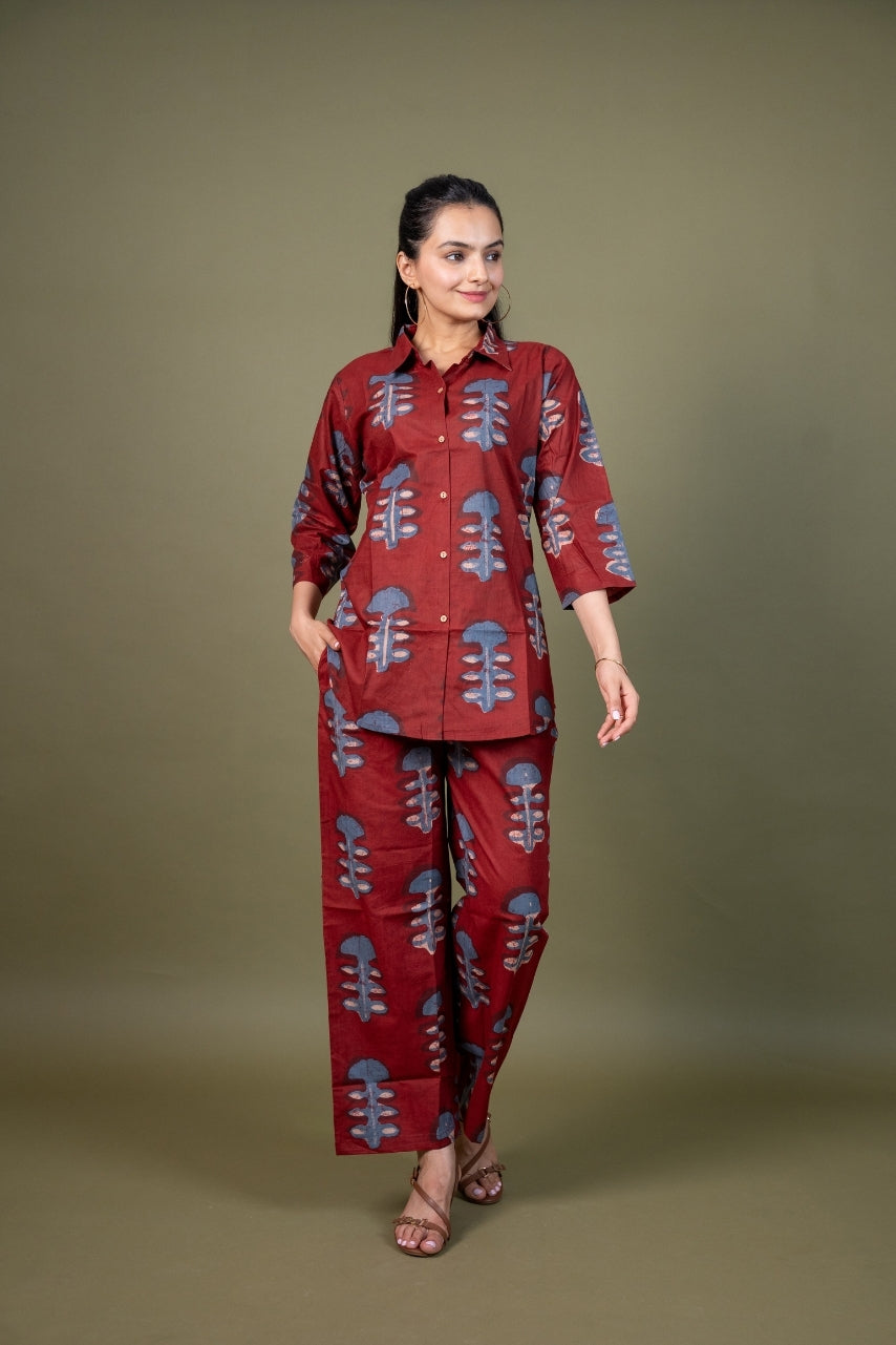 Ekisha's women maroon designer abstract printed cotton co-ord set lounge wear, front view