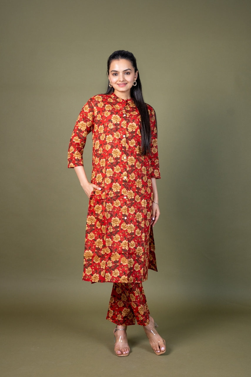 Ekisha's women red multicolor floral printed cotton co-ord set lounge wear, front view