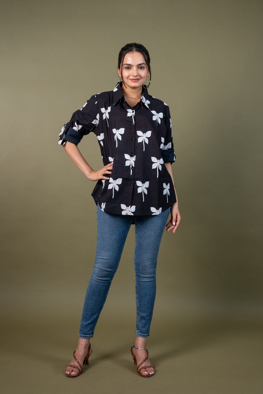 Women cotton black printed relaxed fit shirt, front view