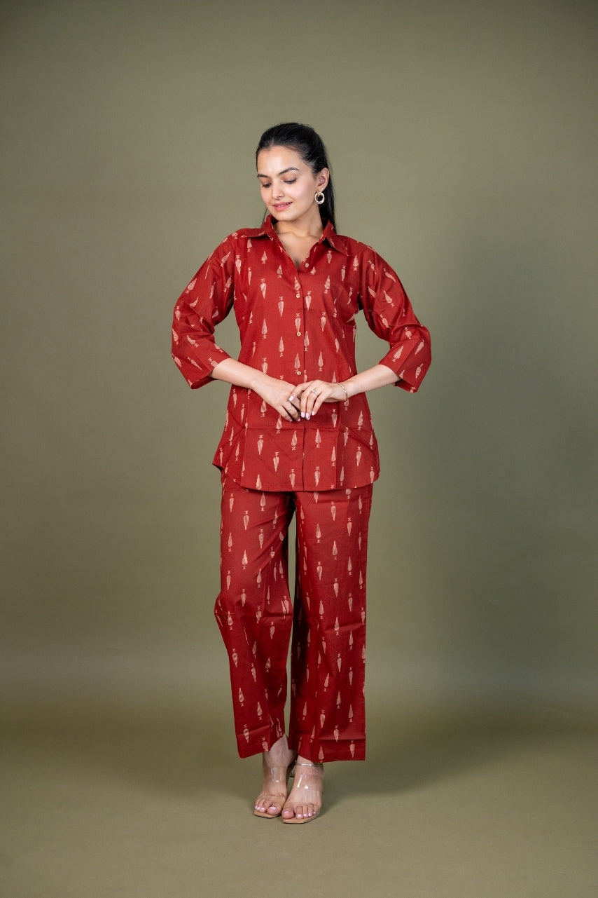 Ekisha's women maroon abstract printed cotton co-ord set lounge wear, front view