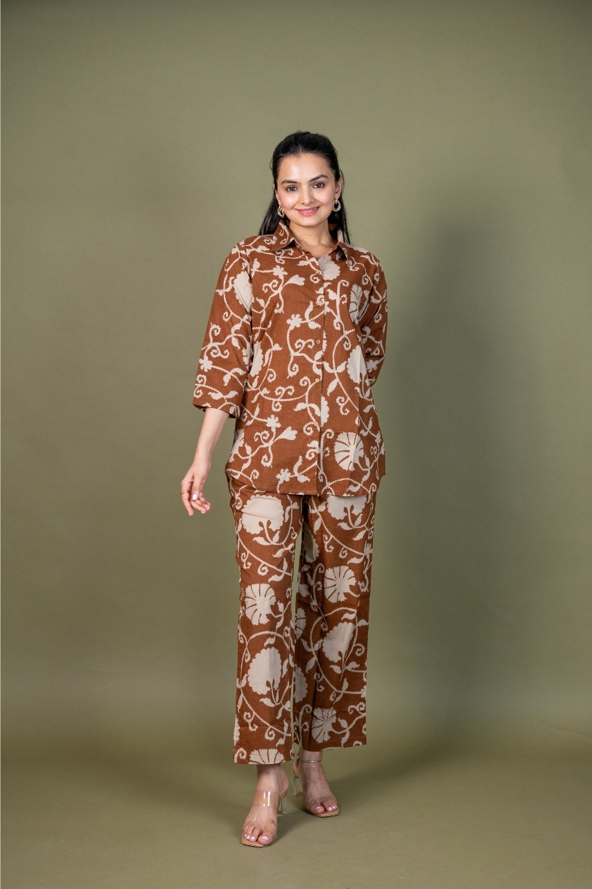 Ekisha's women brown floral printed cotton co-ord set lounge wear, front view