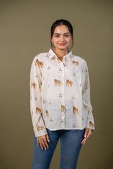 Women cotton white lion printed relaxed fit shirt, front view