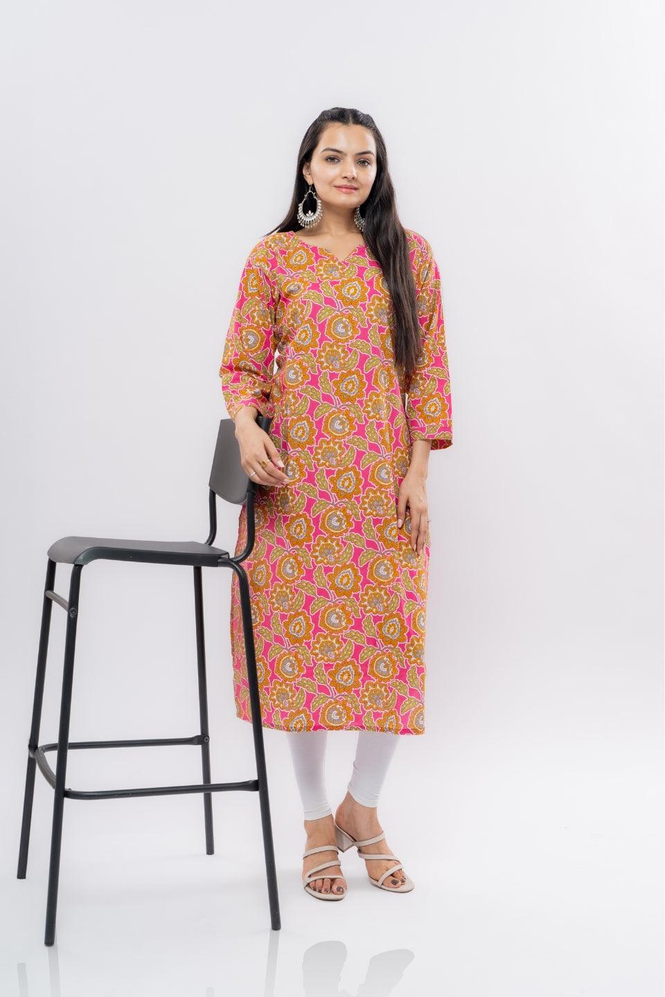 Ekisha women's cotton rani multicolor floral printed straight kurta kurti - Ekisha