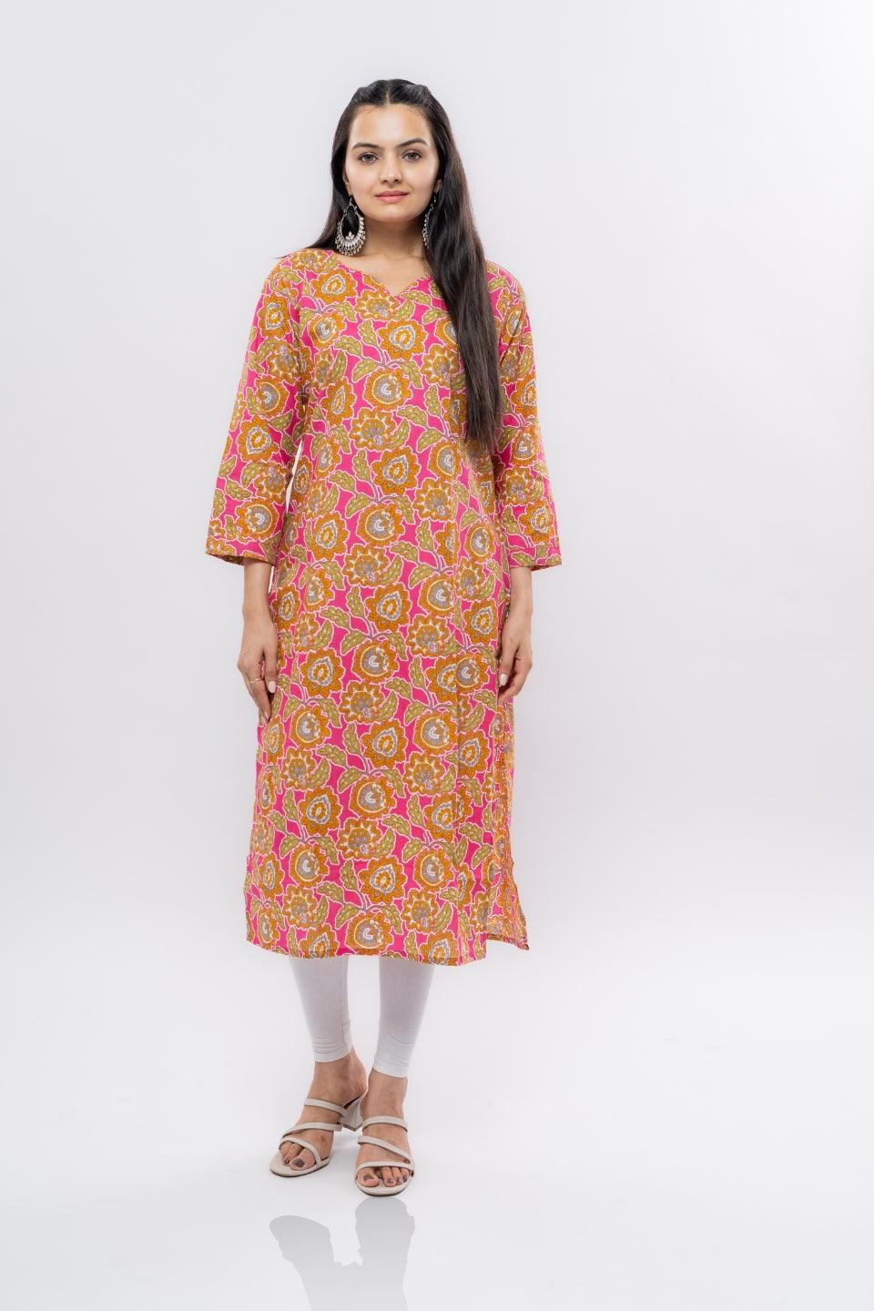 Ekisha women's cotton rani multicolor floral printed straight kurta kurti - Ekisha