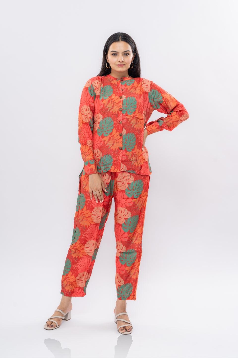 Ekisha's women muslin printed red floral co-ord set - Ekisha