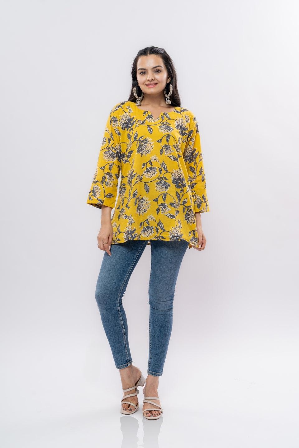 Ekisha's women yellow floral multicolor printed cotton tunic top short kurti - Ekisha