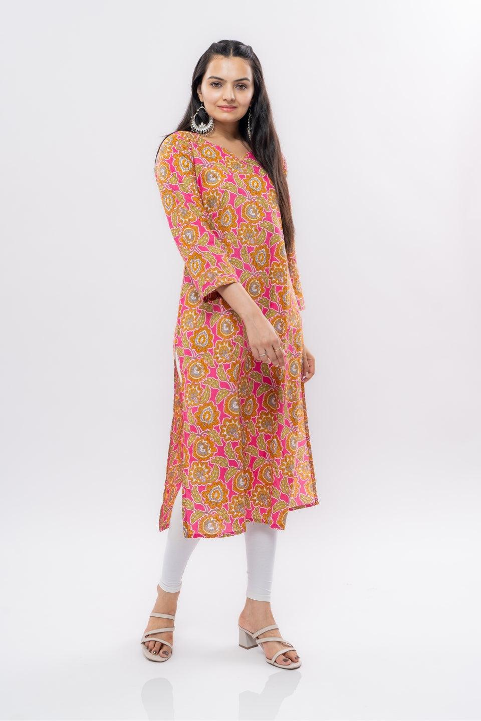 Ekisha women's cotton rani multicolor floral printed straight kurta kurti - Ekisha