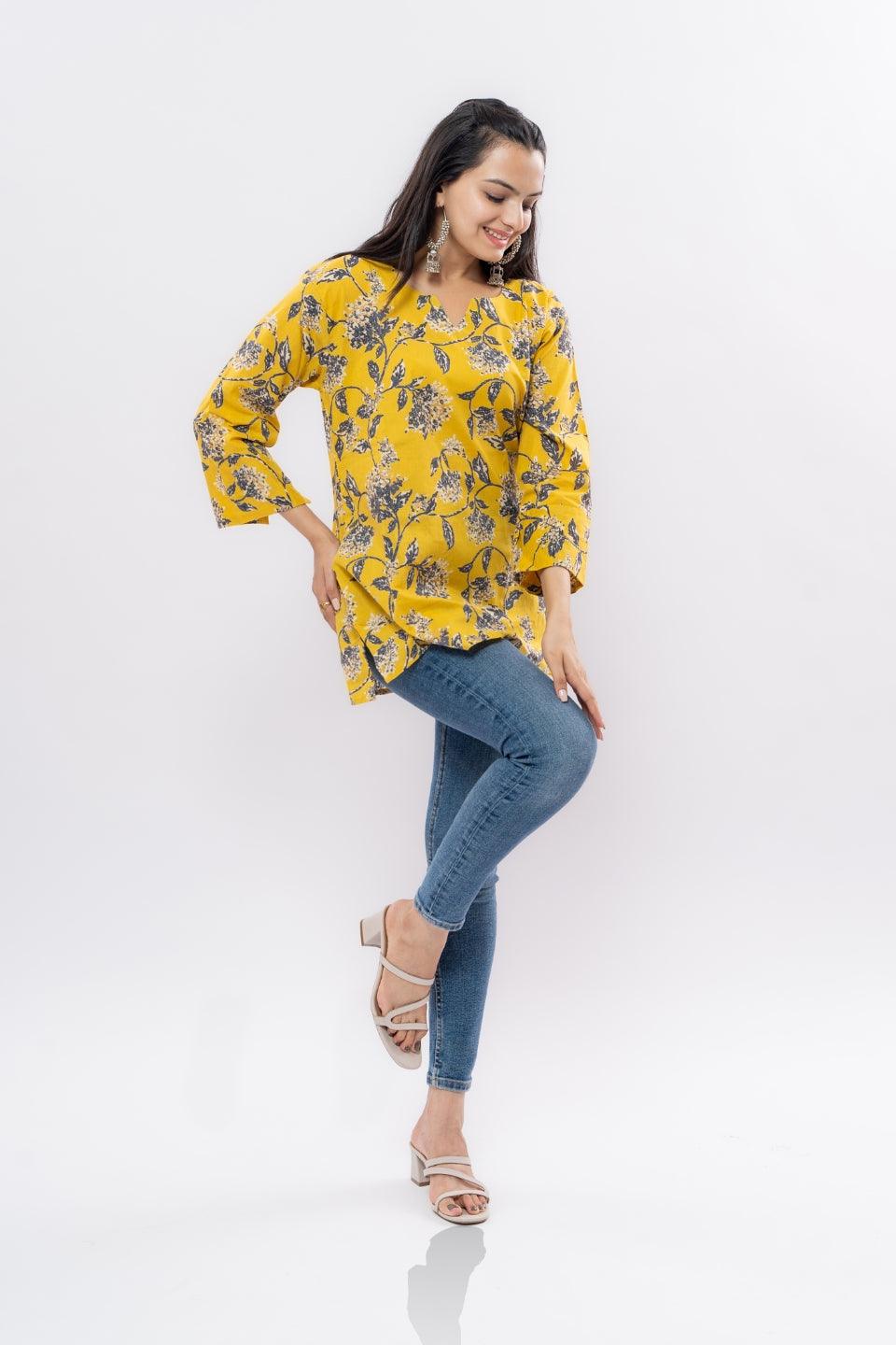 Ekisha's women yellow floral multicolor printed cotton tunic top short kurti - Ekisha