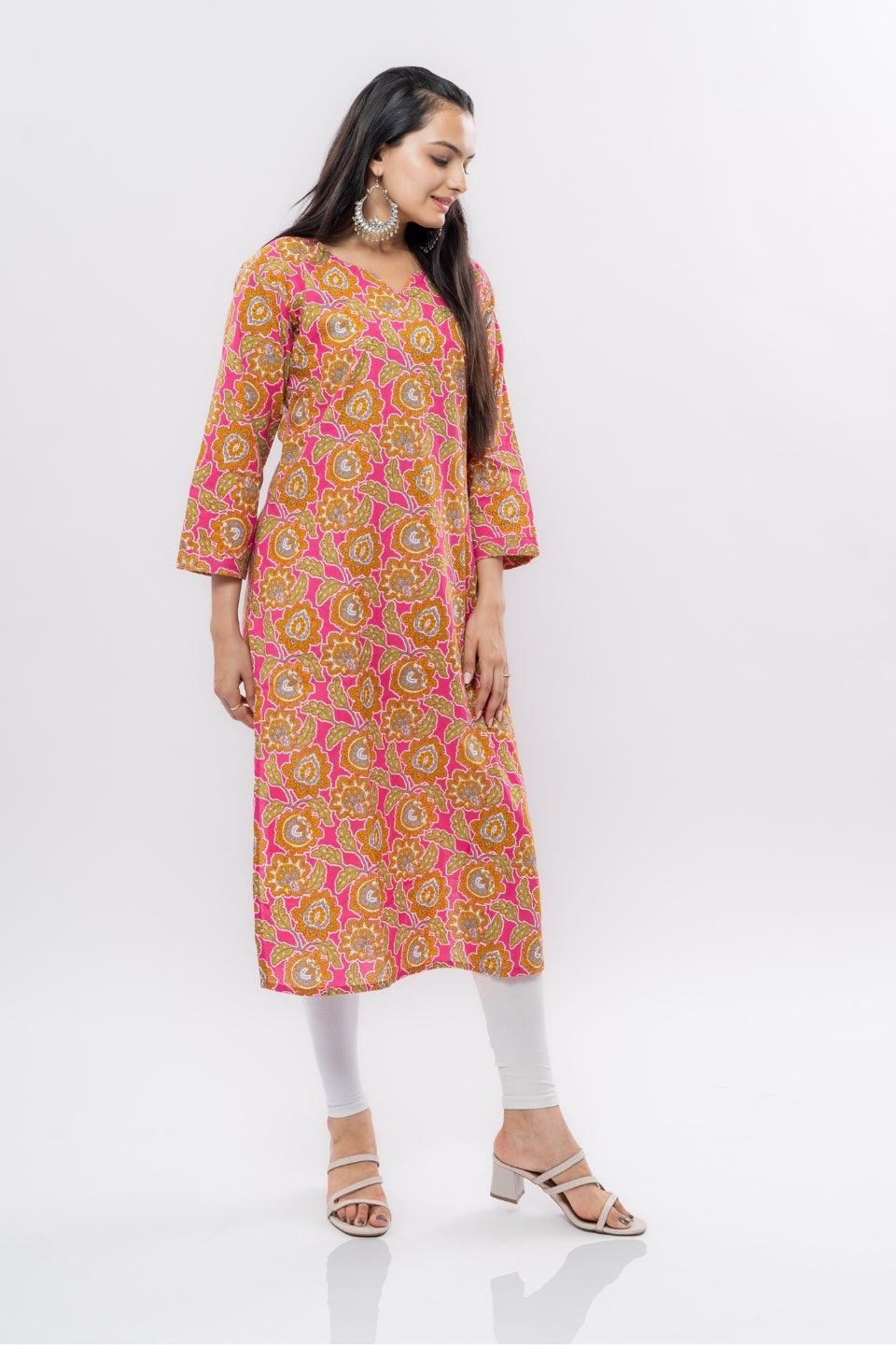 Ekisha women's cotton rani multicolor floral printed straight kurta kurti - Ekisha