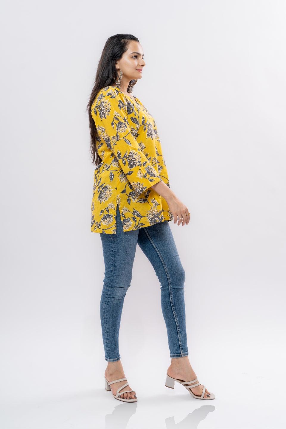 Ekisha's women yellow floral multicolor printed cotton tunic top short kurti - Ekisha