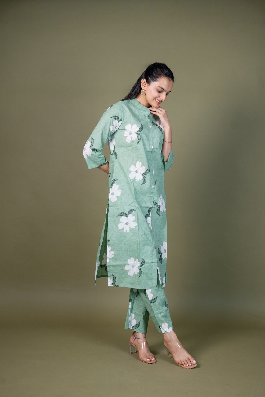 Ekisha's women pista green multicolor floral printed cotton co-ord set lounge wear, side view 2
