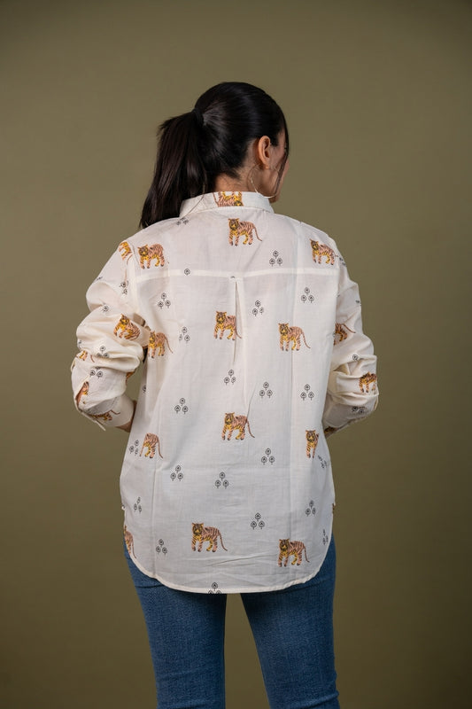 Women cotton white lion printed relaxed fit shirt, back view