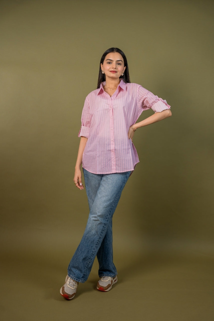 Women cotton pink stripes relaxed fit shirt, front view 4