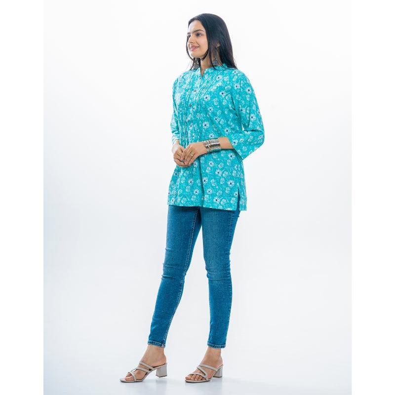 Ekisha's women pleated C-green multicolor printed cotton tunic top short kurti - Ekisha