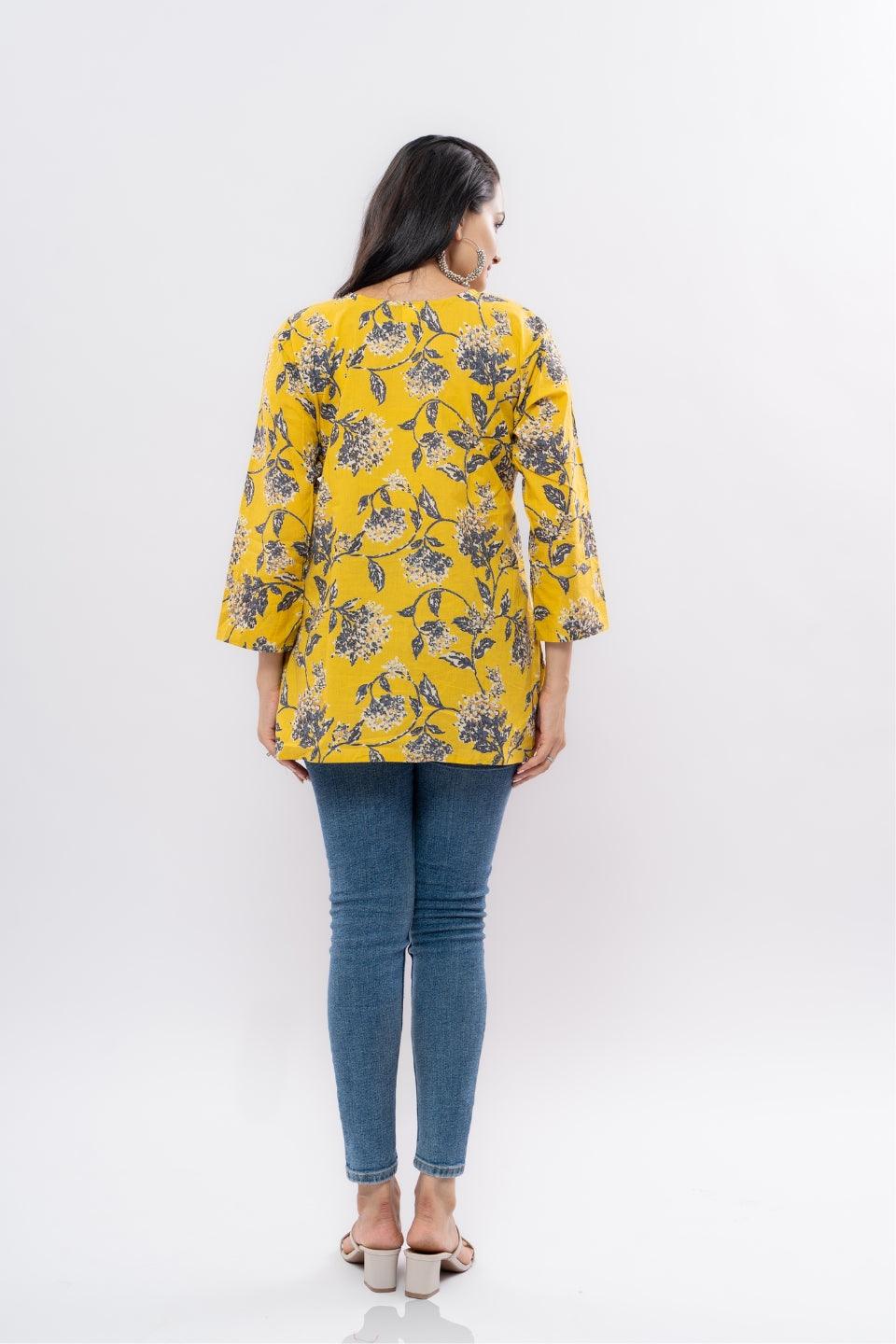 Ekisha's women yellow floral multicolor printed cotton tunic top short kurti - Ekisha