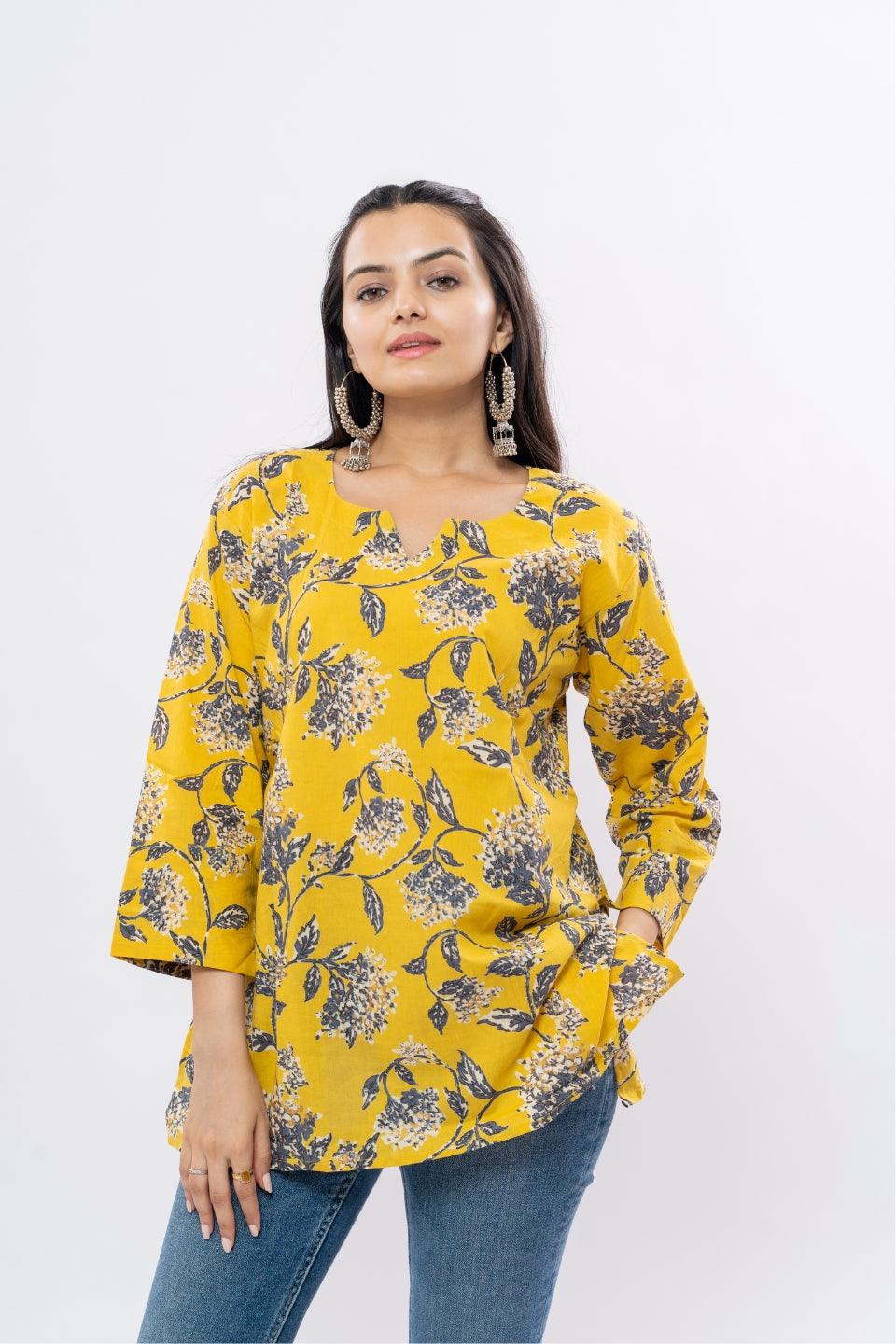 Ekisha's women yellow floral multicolor printed cotton tunic top short kurti - Ekisha