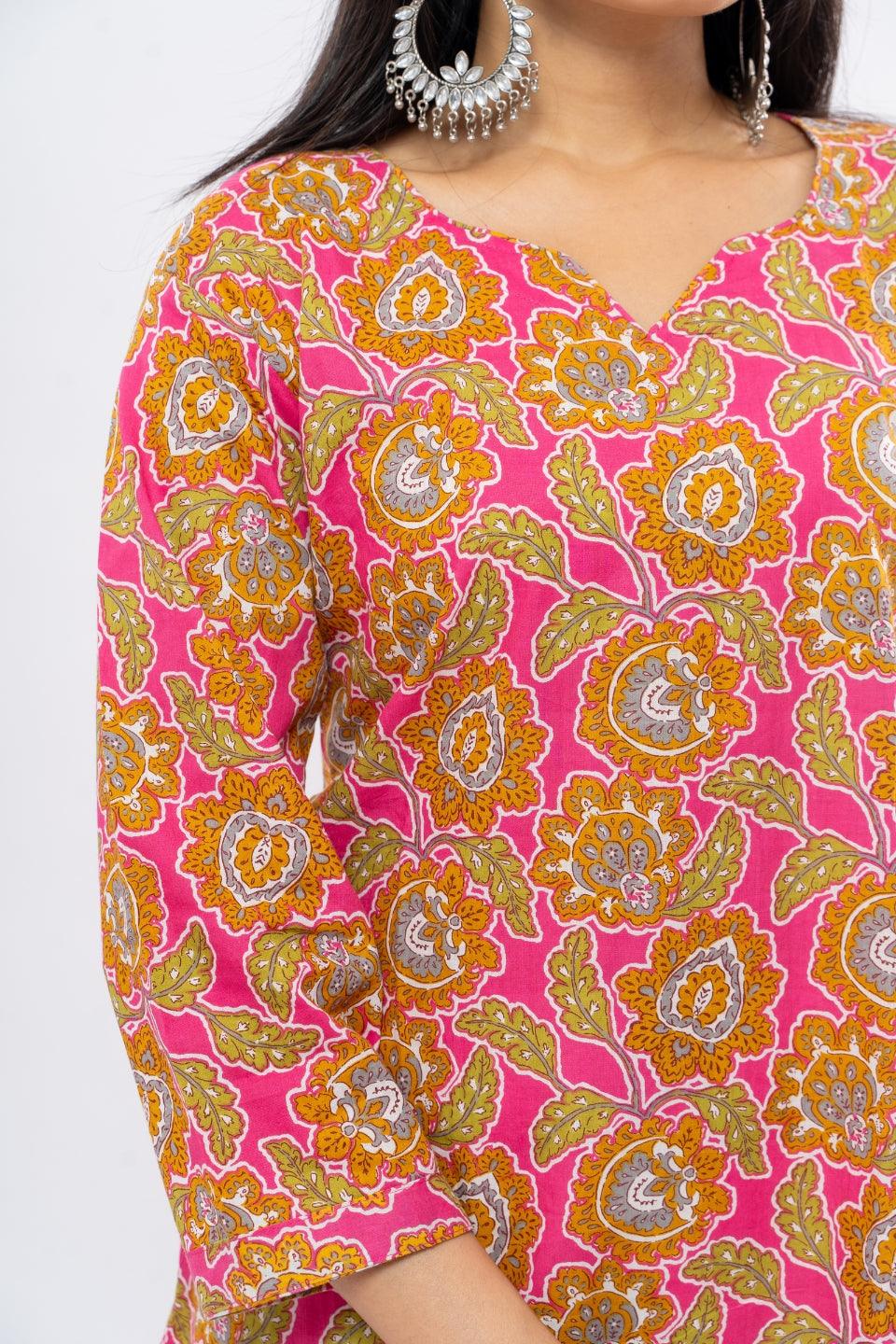 Ekisha women's cotton rani multicolor floral printed straight kurta kurti - Ekisha