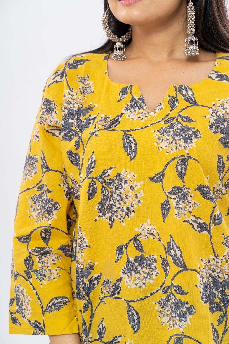 Ekisha's women yellow floral multicolor printed cotton tunic top short kurti - Ekisha