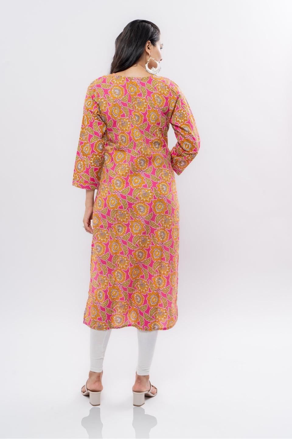 Ekisha women's cotton rani multicolor floral printed straight kurta kurti - Ekisha