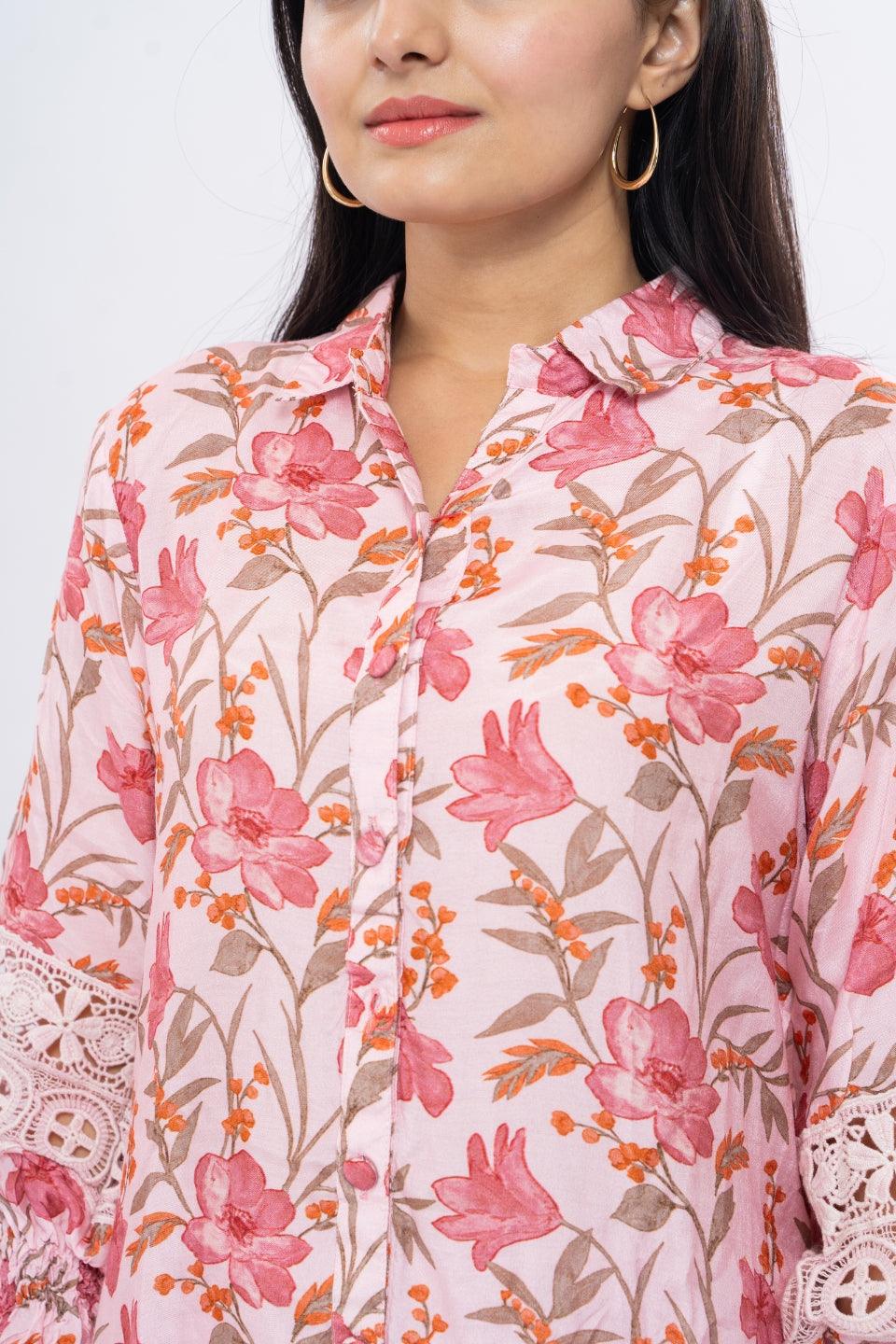 Ekisha's women muslin printed pink floral co-ord set - Ekisha