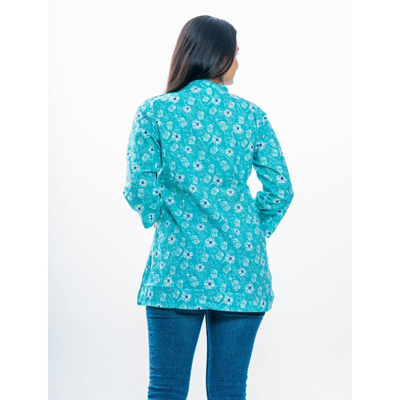 Ekisha's women pleated C-green multicolor printed cotton tunic top short kurti - Ekisha