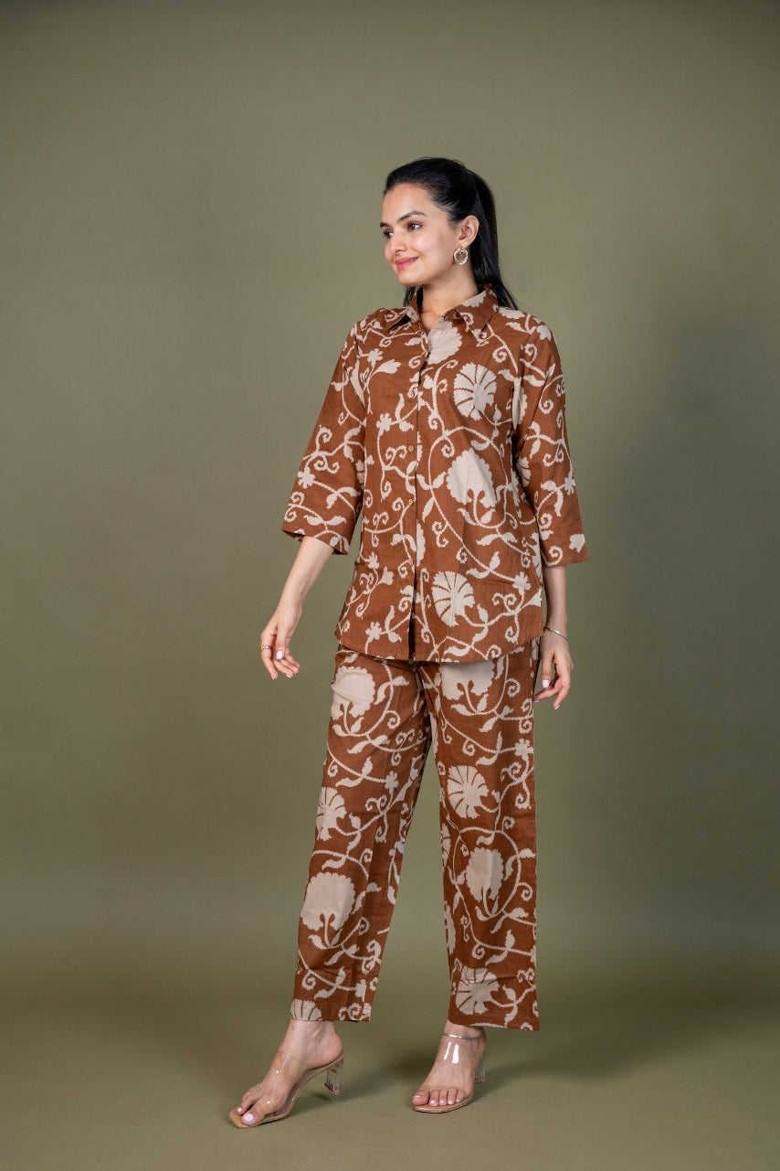 Ekisha's women brown floral printed cotton co-ord set lounge wear, side view