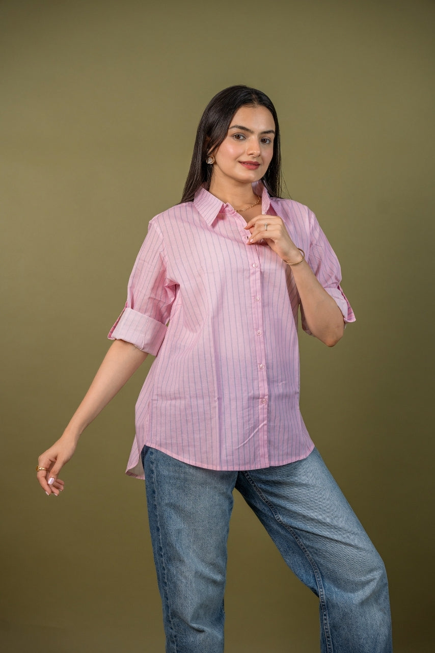 Women cotton pink stripes relaxed fit shirt, front view 5
