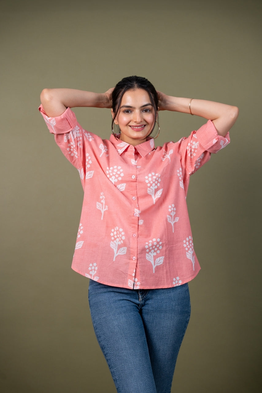 Women cotton pink printed relaxed fit shirt, front view 2
