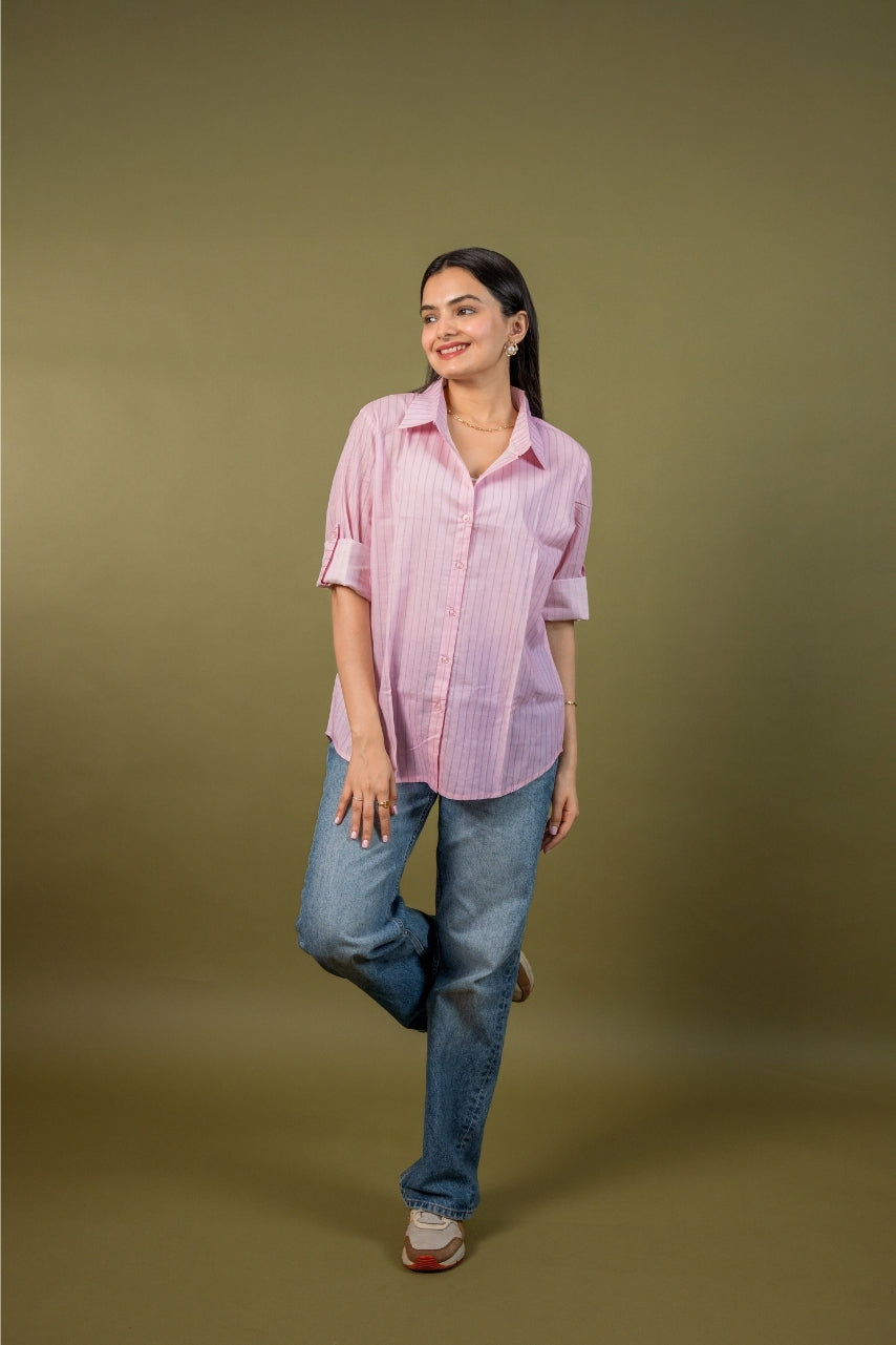 Women cotton pink stripes relaxed fit shirt, front view 6