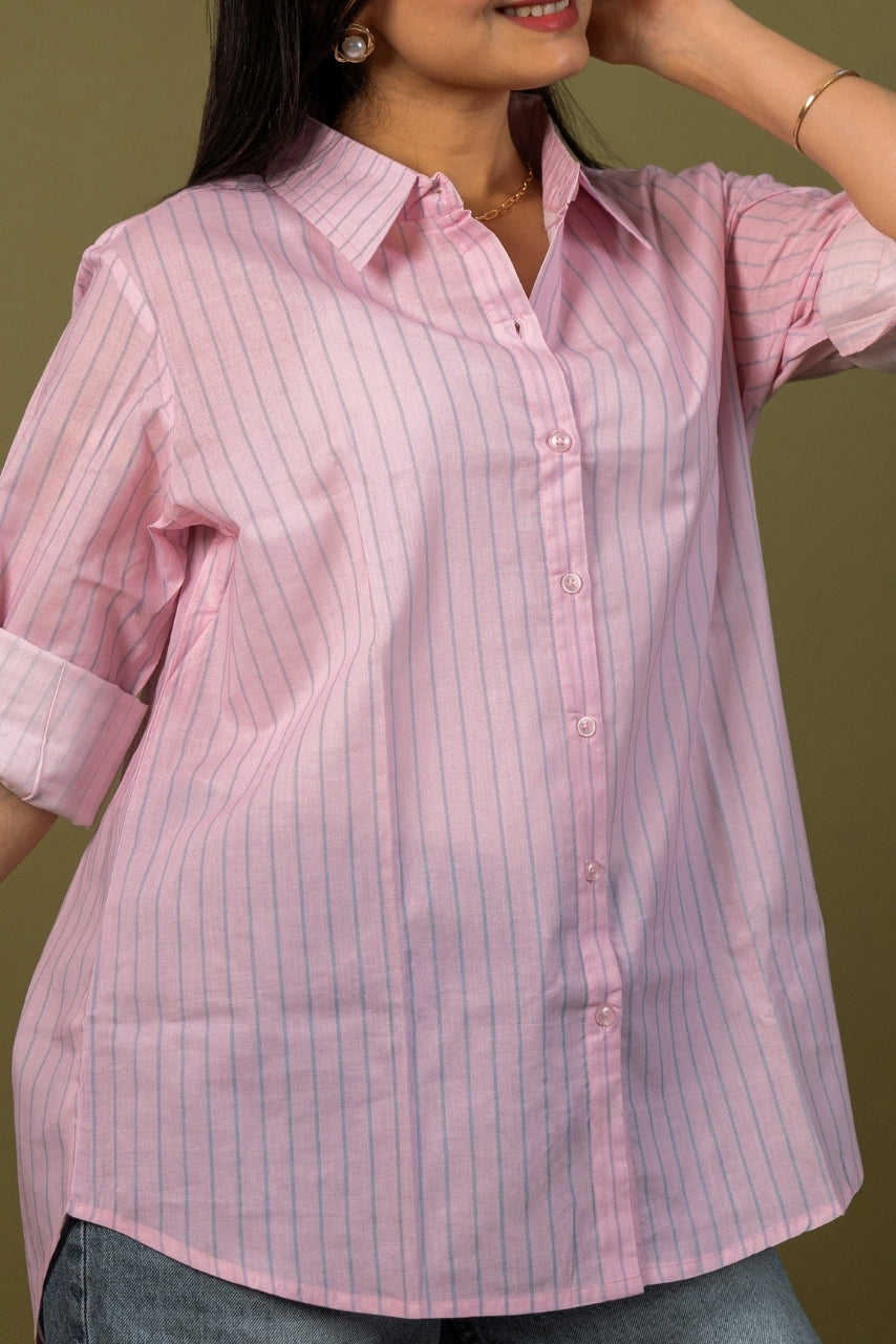 Women cotton pink stripes relaxed fit shirt, detailed view