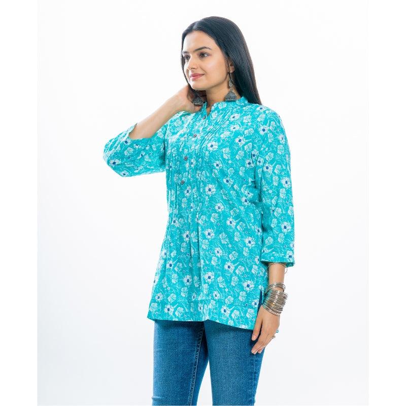 Ekisha's women pleated C-green multicolor printed cotton tunic top short kurti - Ekisha