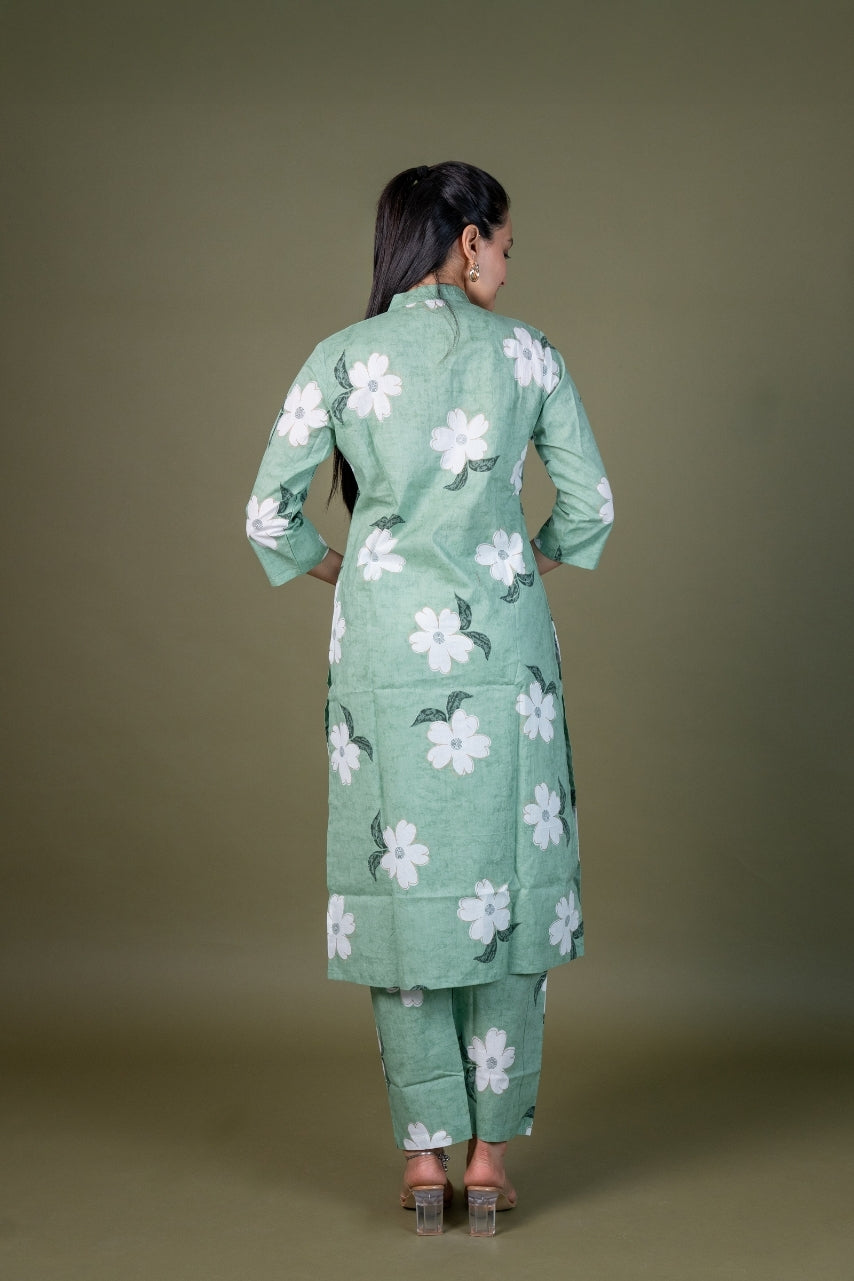 Ekisha's women pista green multicolor floral printed cotton co-ord set lounge wear, back view