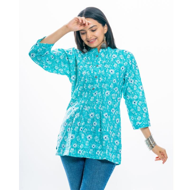 Ekisha's women pleated C-green multicolor printed cotton tunic top short kurti - Ekisha