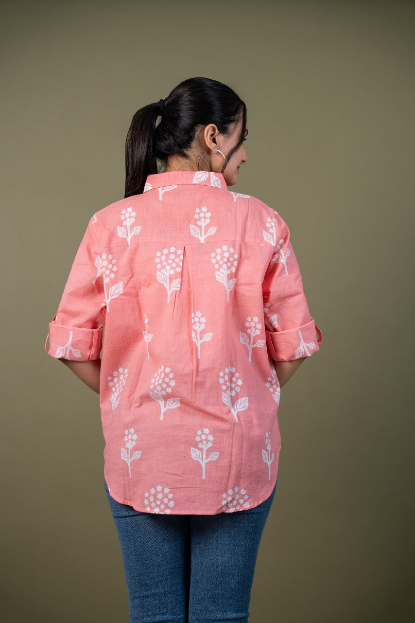 Women cotton pink printed relaxed fit shirt, back view