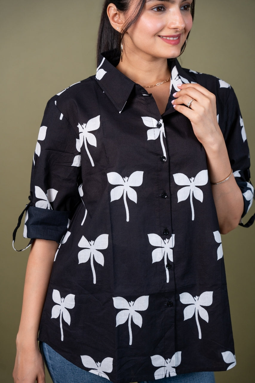 Women cotton black printed relaxed fit shirt, detailed view