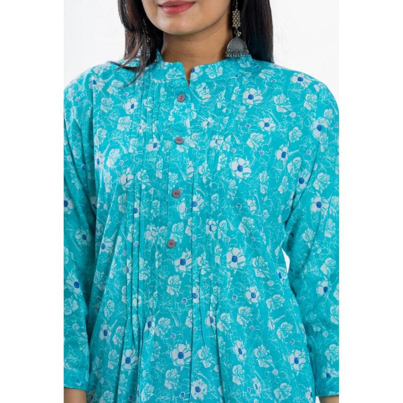 Ekisha's women pleated C-green multicolor printed cotton tunic top short kurti - Ekisha