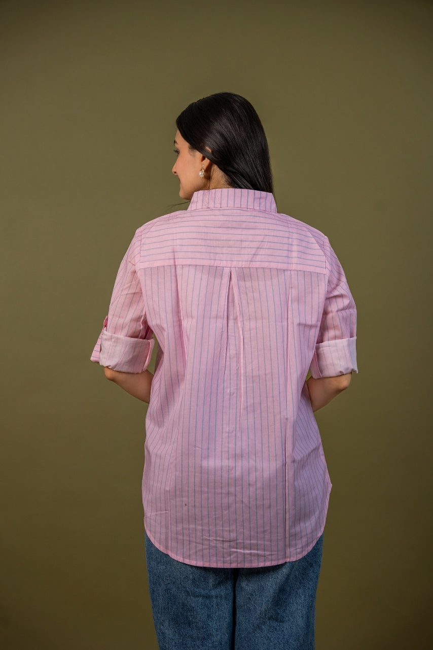 Women cotton pink stripes relaxed fit shirt, back view