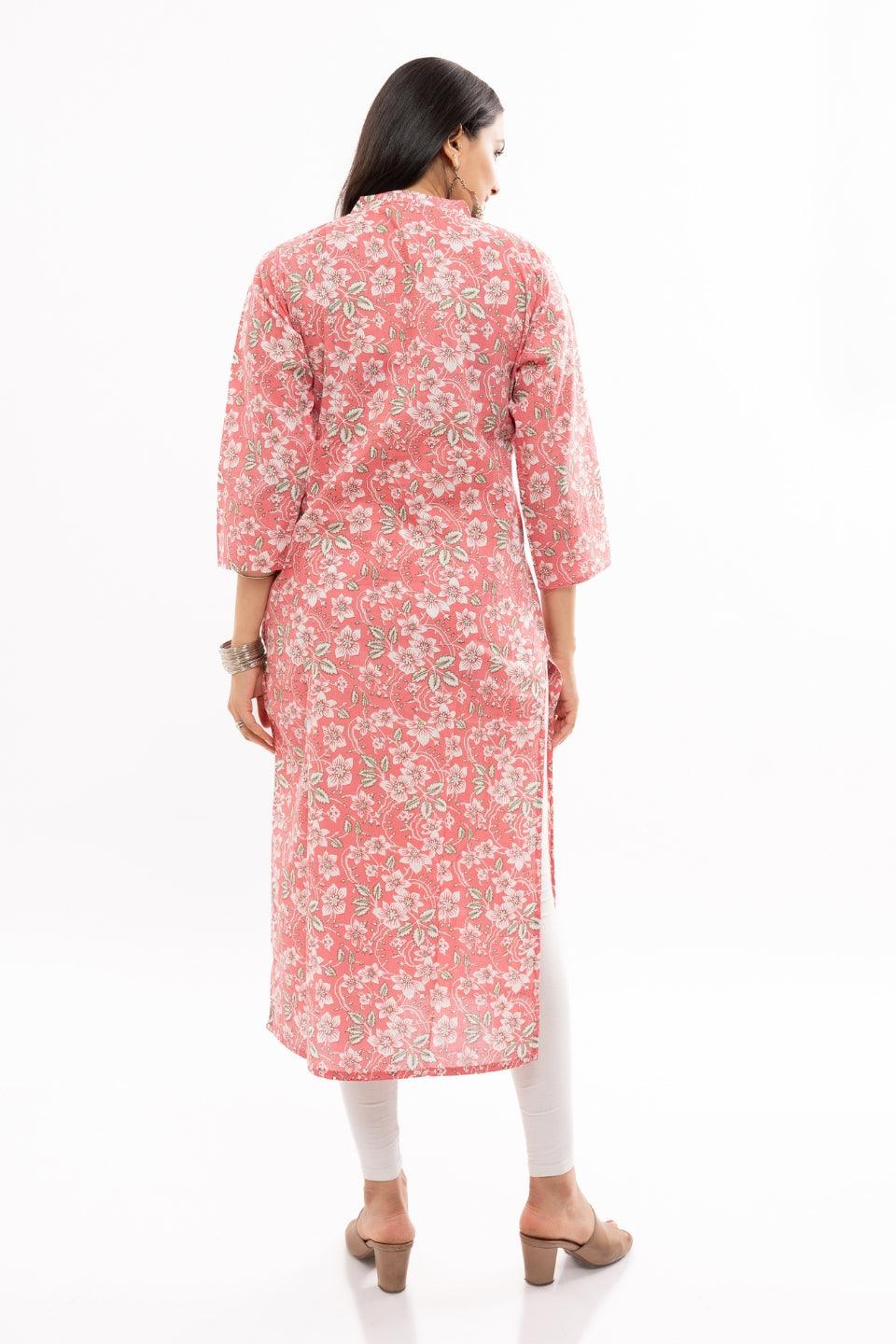 Ekisha women's cotton pink white floral printed straight kurta kurti round neck - Ekisha