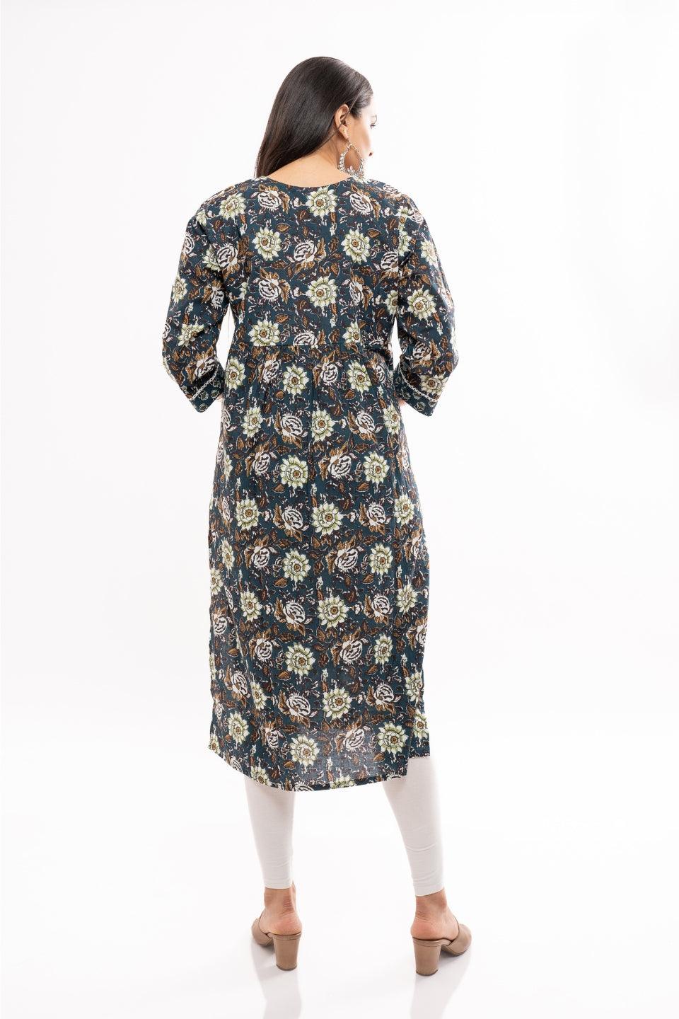 Ekisha women's cotton blue multicolor kalamkari printed straight kurta kurti round neck - Ekisha