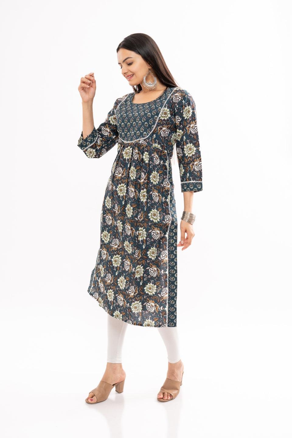 Ekisha women's cotton blue multicolor kalamkari printed straight kurta kurti round neck - Ekisha