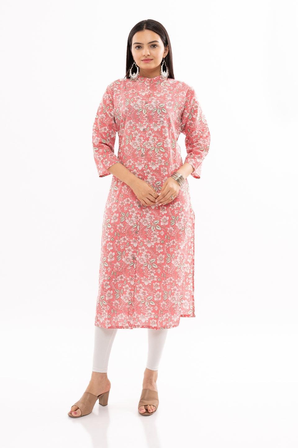 Ekisha women's cotton pink white floral printed straight kurta kurti round neck - Ekisha