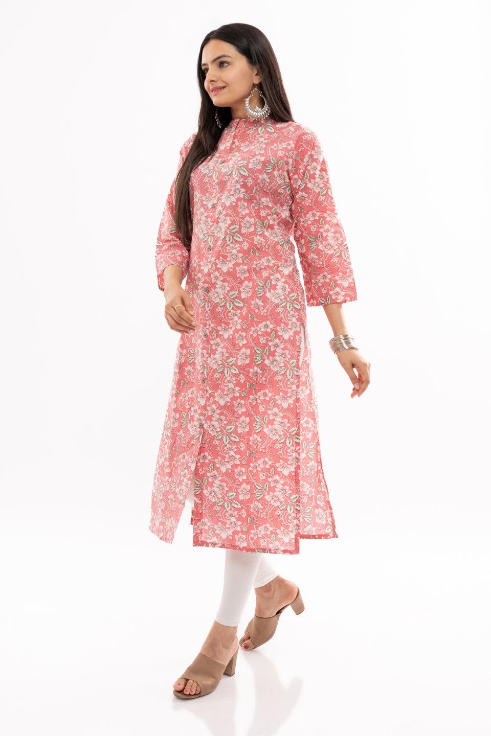Ekisha women's cotton pink white floral printed straight kurta kurti round neck - Ekisha
