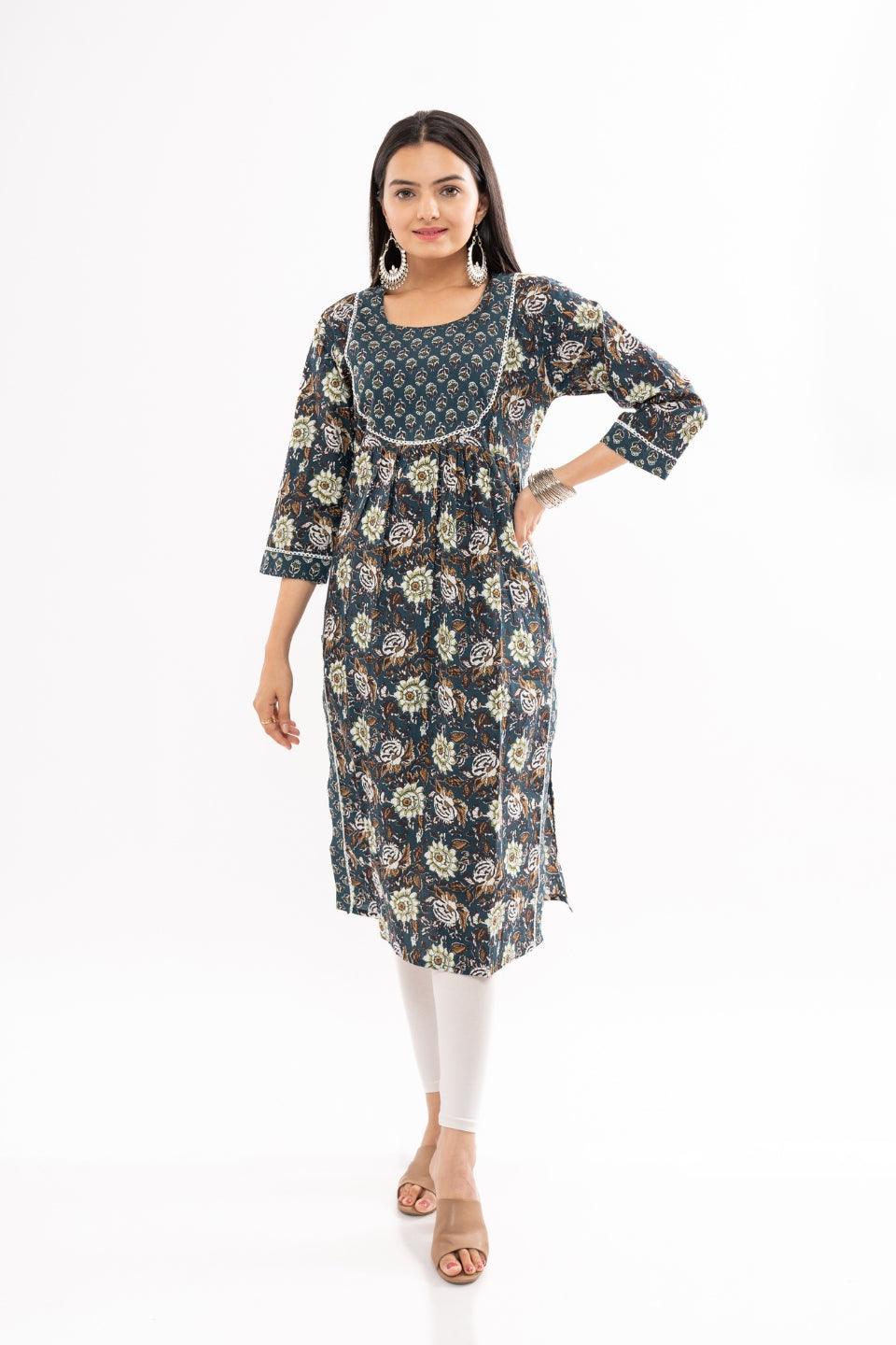 Ekisha women's cotton blue multicolor kalamkari printed straight kurta kurti round neck - Ekisha