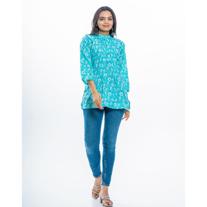 Ekisha's women pleated C-green multicolor printed cotton tunic top short kurti - Ekisha