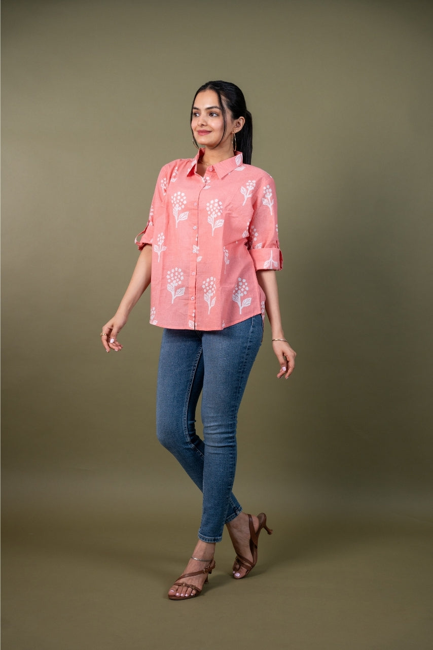 Women cotton pink printed relaxed fit shirt, front view 4