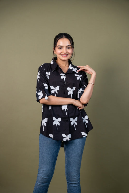 Women cotton black printed relaxed fit shirt, front view 3