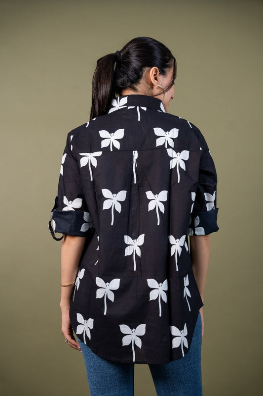 Women cotton black printed relaxed fit shirt, back view