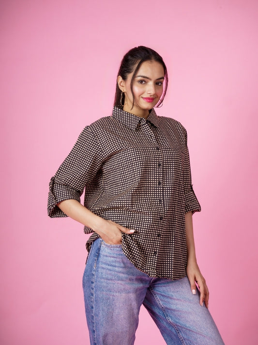 Ekisha Women cotton black checks printed relaxed fit shirt, side view