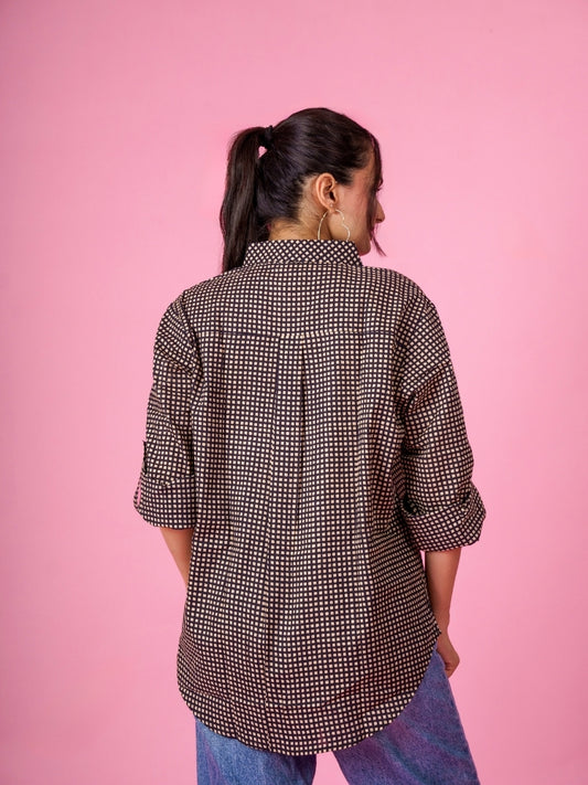 Ekisha Women cotton black checks printed relaxed fit shirt, back view